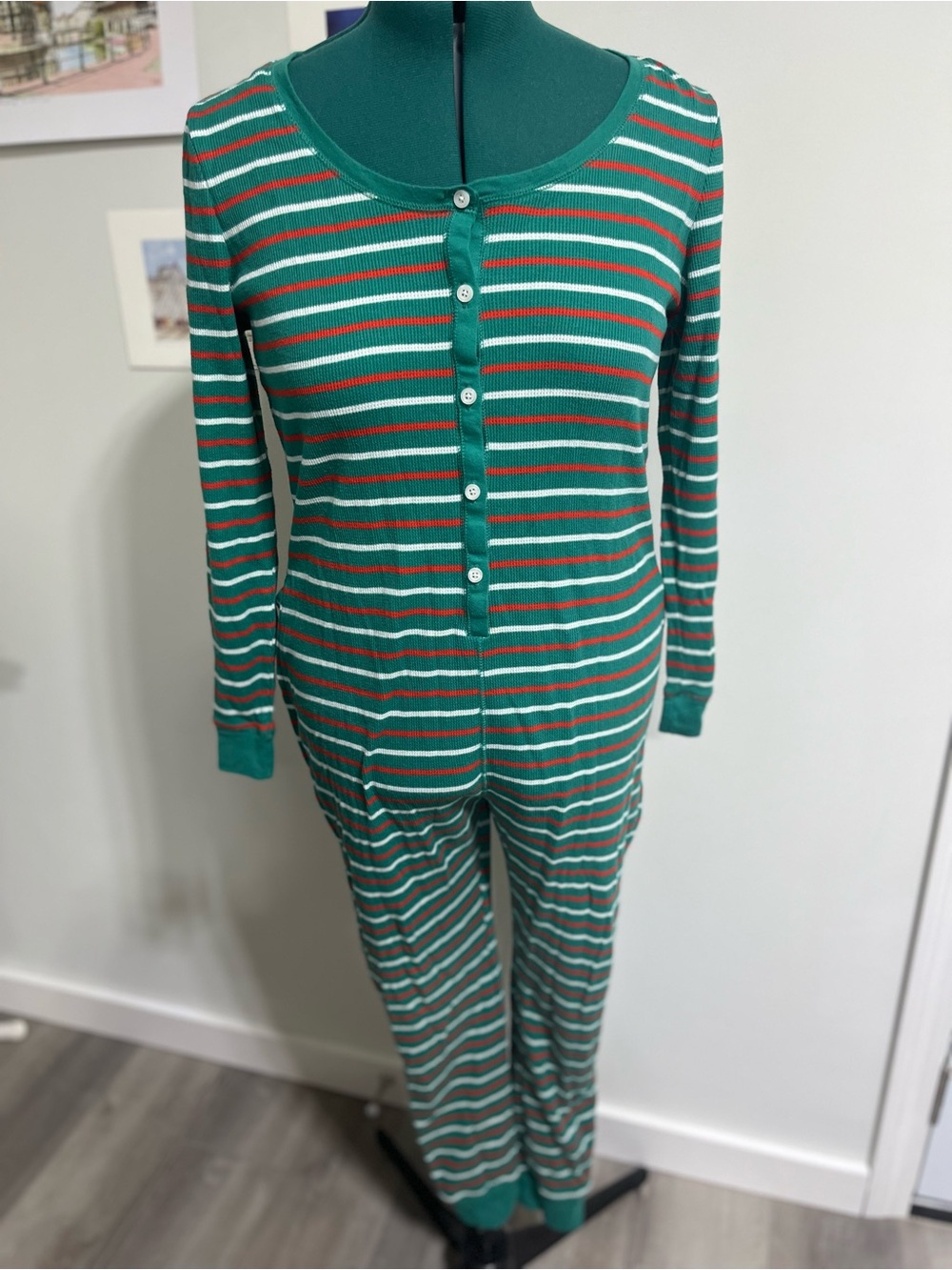 Old Navy Green, White & Red Striped Ribbed Henley Pajama onesie